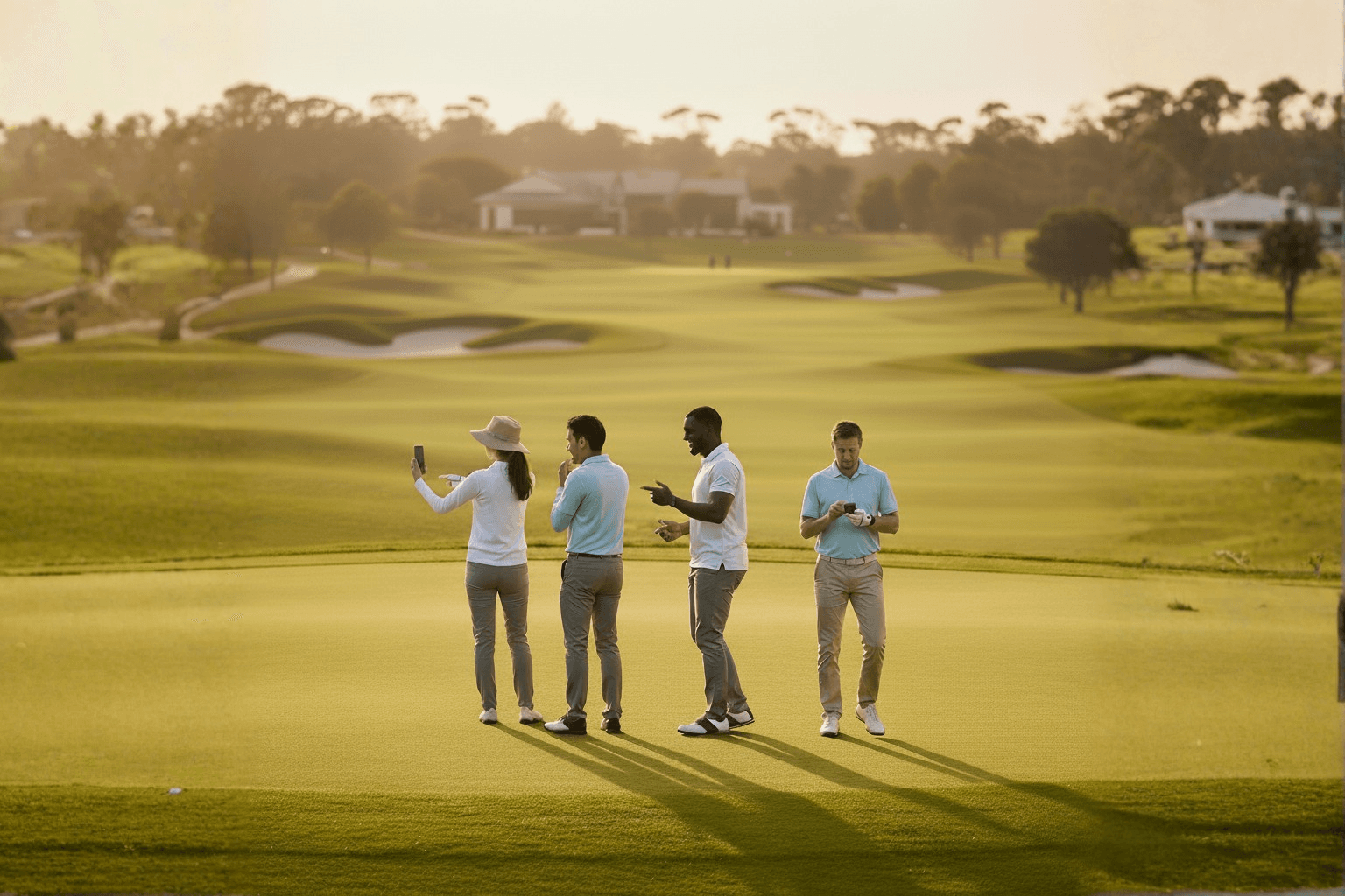 Golf course scene with golfers enjoying the game